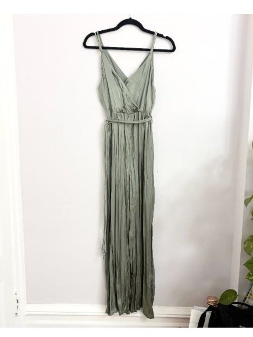 NWOT Zara Satin Effect Sage Green Strappy Full Length Jumpsuit - sz Small